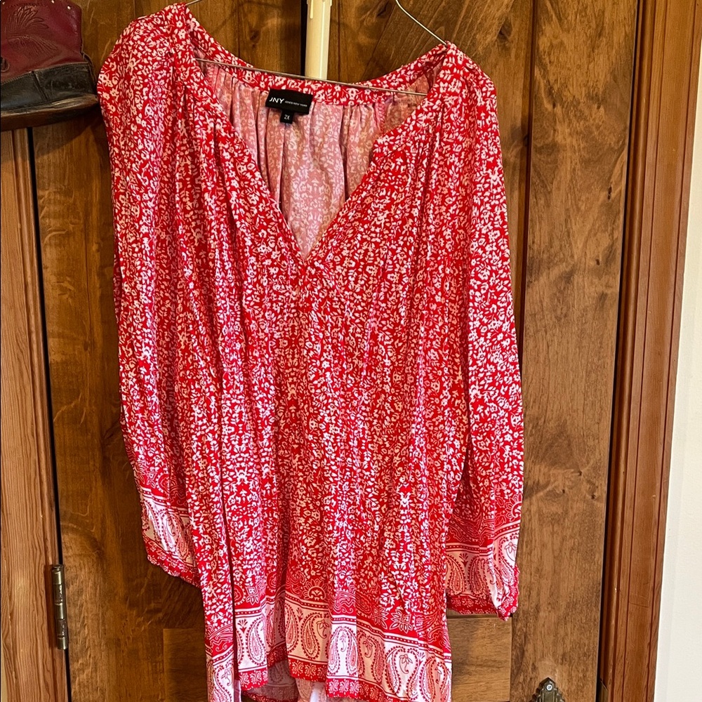 Jones New York Red Printed V-Neck Tunic Top